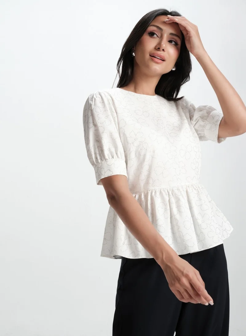 Zigzag White Cotton Formal Peplum Top