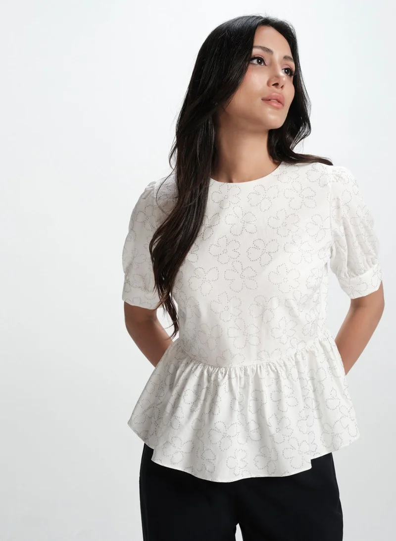Zigzag White Cotton Formal Peplum Top