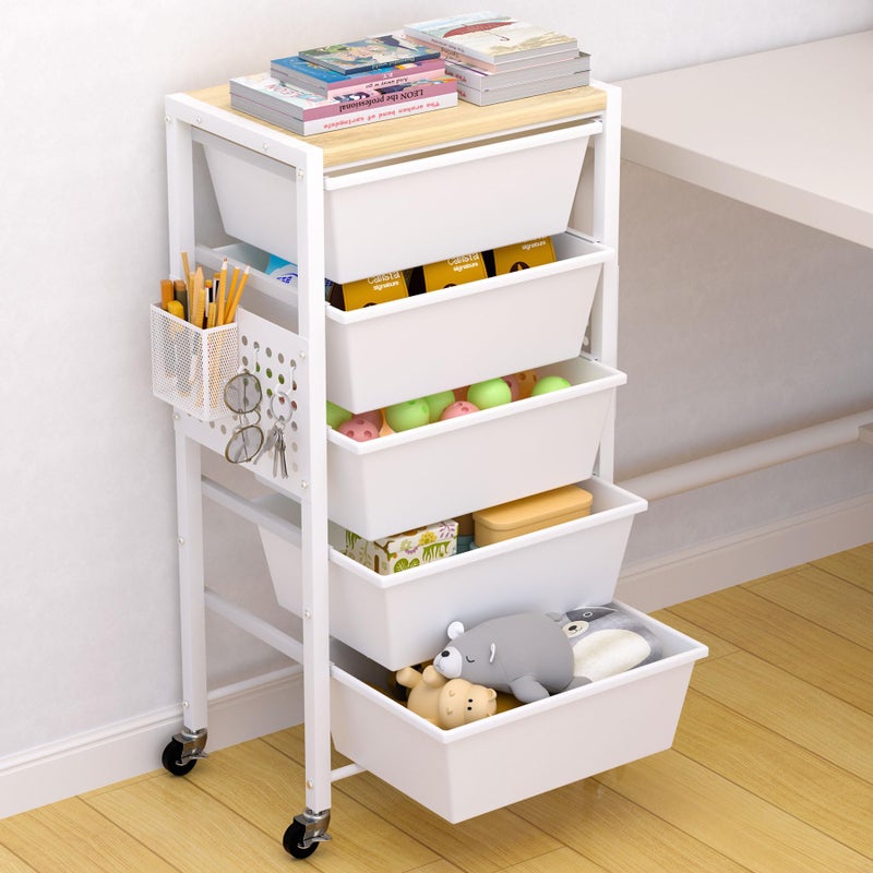 neatevday Rolling Cart with Drawers, Rolling Storage Cart with 5 Large Plastic Drawers & Wooden Tabletop, Utility Cart with Pegboards & Basket, Storage Drawers Cart for Living Room, Classroom, Bedroom, Office - Image 1