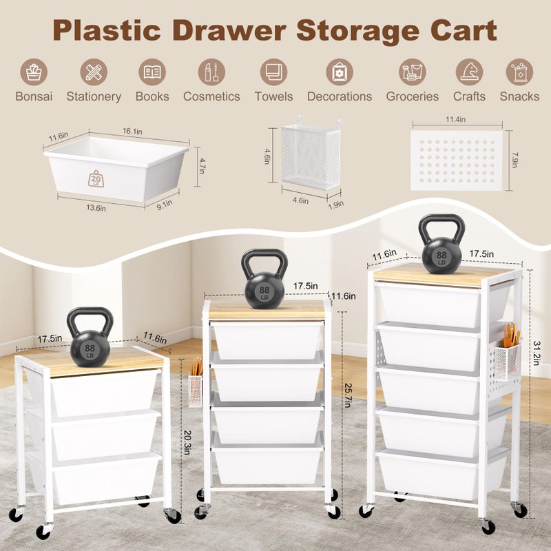 neatevday Rolling Cart with Drawers, Rolling Storage Cart with 5 Large Plastic Drawers & Wooden Tabletop, Utility Cart with Pegboards & Basket, Storage Drawers Cart for Living Room, Classroom, Bedroom, Office - Image 2