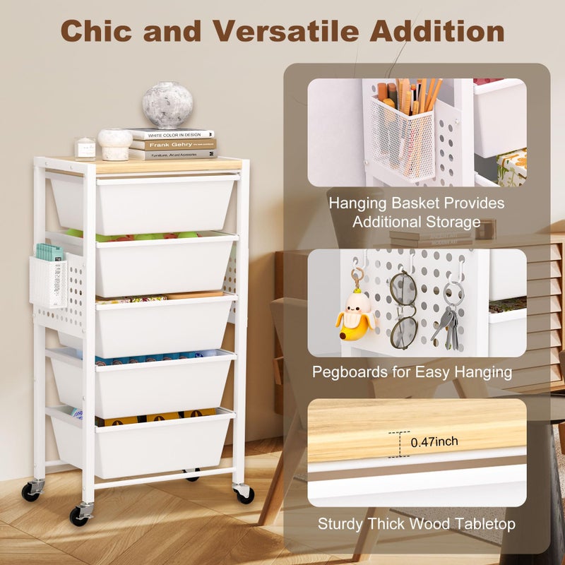 neatevday Rolling Cart with Drawers, Rolling Storage Cart with 5 Large Plastic Drawers & Wooden Tabletop, Utility Cart with Pegboards & Basket, Storage Drawers Cart for Living Room, Classroom, Bedroom, Office - Image 3