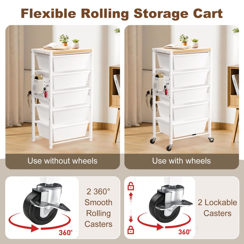 neatevday Rolling Cart with Drawers, Rolling Storage Cart with 5 Large Plastic Drawers & Wooden Tabletop, Utility Cart with Pegboards & Basket, Storage Drawers Cart for Living Room, Classroom, Bedroom, Office - Image 4