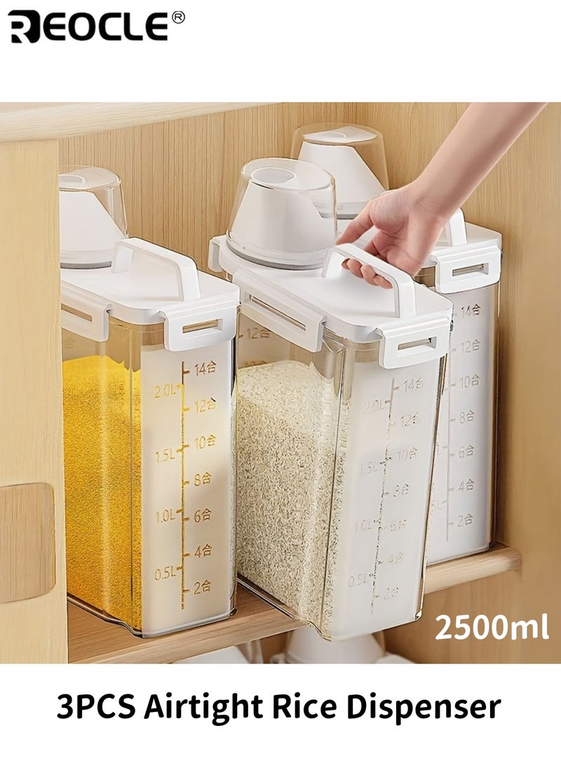 REOCLE 3pcs 2.5L Airtight Rice Dispenser Large Capacity Cereal Storage Container with Flip Top Lid Moisture Proof Insect Resistant Kitchen Organization Pantry Essentials - Image 1