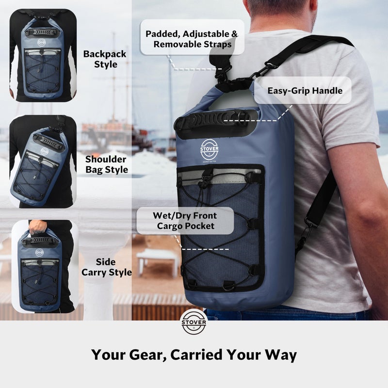 STOVER 5/10/25/30/40/55L Waterproof Dry Backpack & Phone Case- Large Floating Dry Bag for Kayaking, Travel, Hiking, Fishing, Camping, Motorcycles & Beach, Heavy-Duty Roll Top Men/Women (Navy Blue) - Image 3