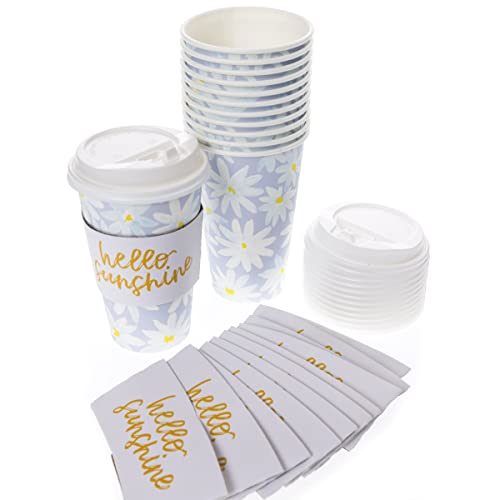 Graphique 12-Pack Disposable to Go Coffee Cups - Hello Sunshine Floral - 16 oz, with Lids - Perfect for Travel, Home, Parties and More - Image 3