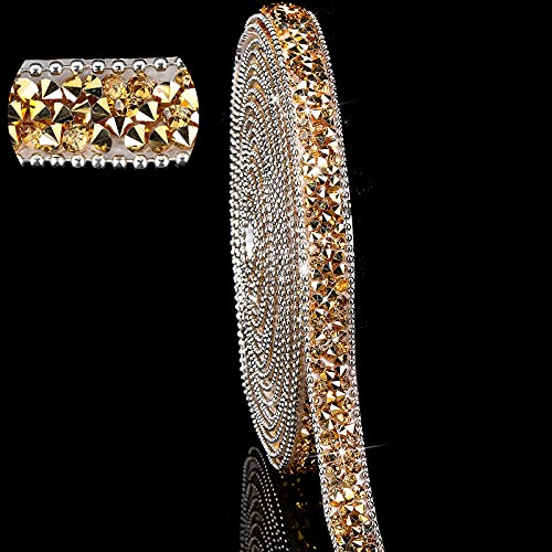 Hicarer 3 Yards Resin Rhinestone Ribbons for Wedding Self Adhesive Diamond Crystal Ribbon Roll Glitter Resin Diamond Belt Bling for Craft DIY Bag Shoes Clothes(0.4 Inch,Gold Base with Yellow) - Image 1