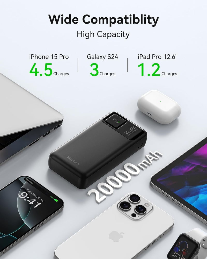 KUULAA Power Bank 20000mAh, Portable Charger 22.5W Fast Charging, Powerbank with LED Display Compatible with iPhone 16 15 14 13 12 Samsung iPad - Black - Image 4