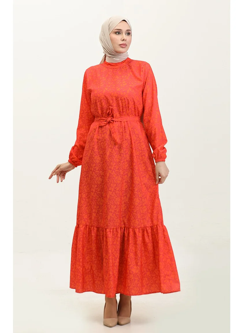Sefa Merve Adile Floral Patterned Crepe Dress 0347-06 Coral