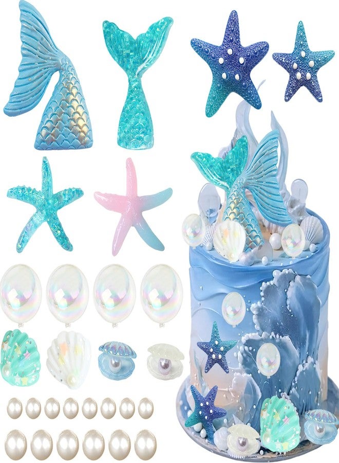 Ylapagne 28pcs Sea Ocean Theme Birthday Cake Decoration Toppers Fishtail Starfish Shell Bubble Pearl Cupcake Decor for Under the Sea Theme Birthday Party Supplies - Image 1