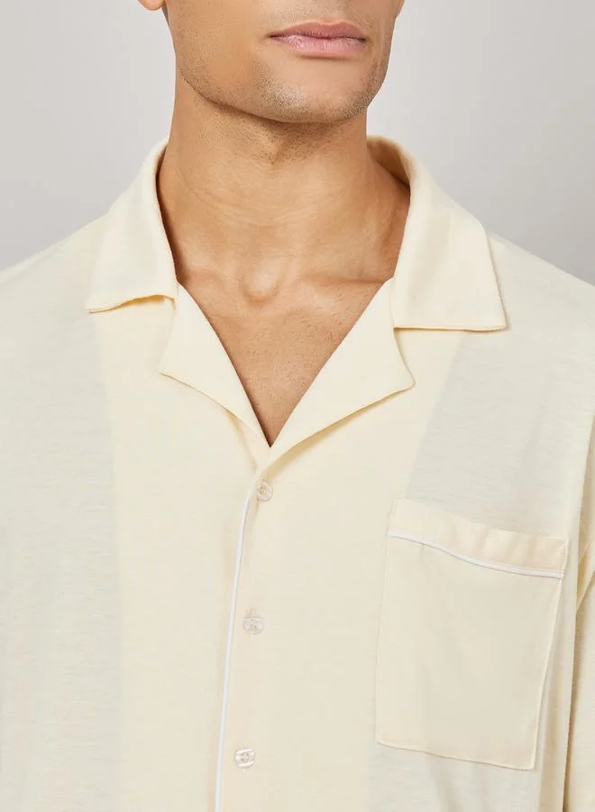 Styli Knitted Resort Collar Shirt and Short Set with Piping Detail