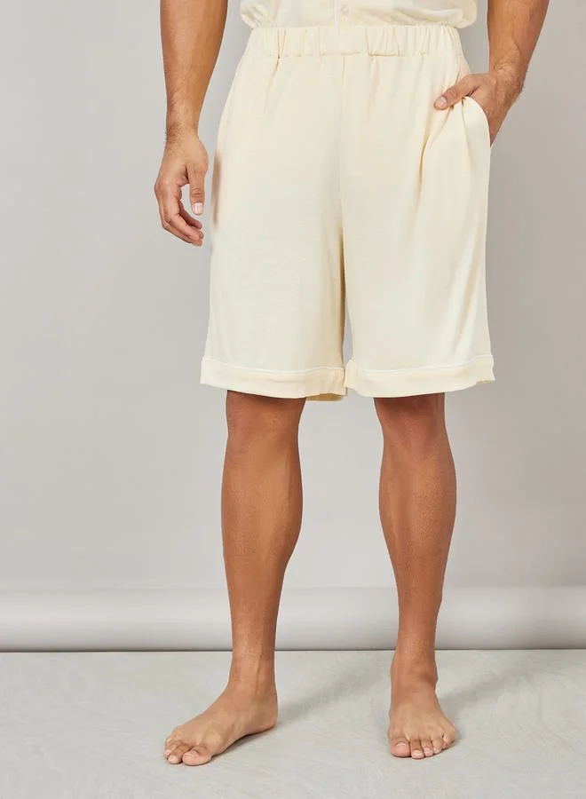 Styli Knitted Resort Collar Shirt and Short Set with Piping Detail