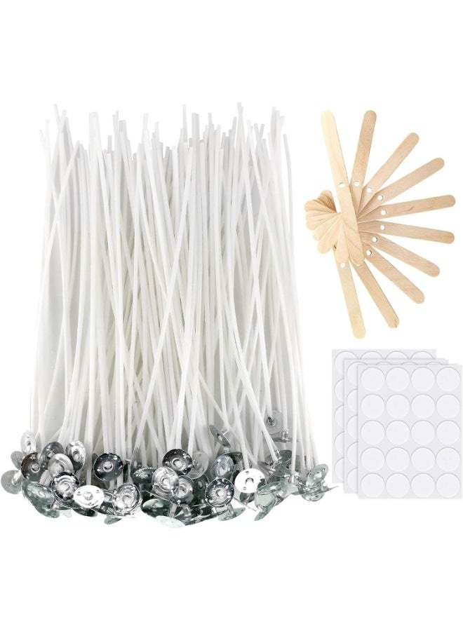 Candle Wicks Set, 100 Pcs Pre-Waxed Cotton Wicks with 100 Stickers & 10 Wooden Centering Devices for DIY Candle Making - Image 1