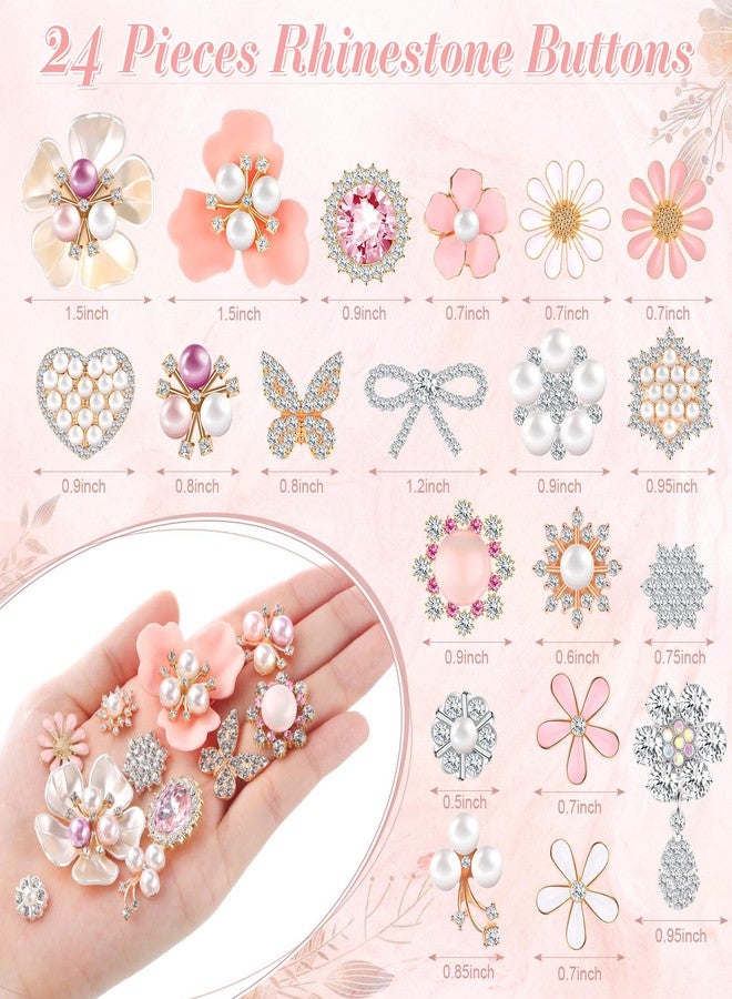 Giegxin 24 Pcs Rhinestone Buttons for Crafts Clothes Faux Pearl Embellishments Pink Butterfly Rhinestone Flower Buttons Vintage Women Pearl Brooch for Jewelry Making, DIY, Bags Shoes Supplies - Image 2