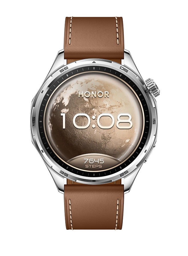 Honor Watch 6 Smartwatch, 35-Day Battery, Dual-Band GPS, 123 Sports Modes, NFC Payment, 3000 Nits AMOLED Display, AI Health Scan, Leather Strap - Twilight Brown - Image 1