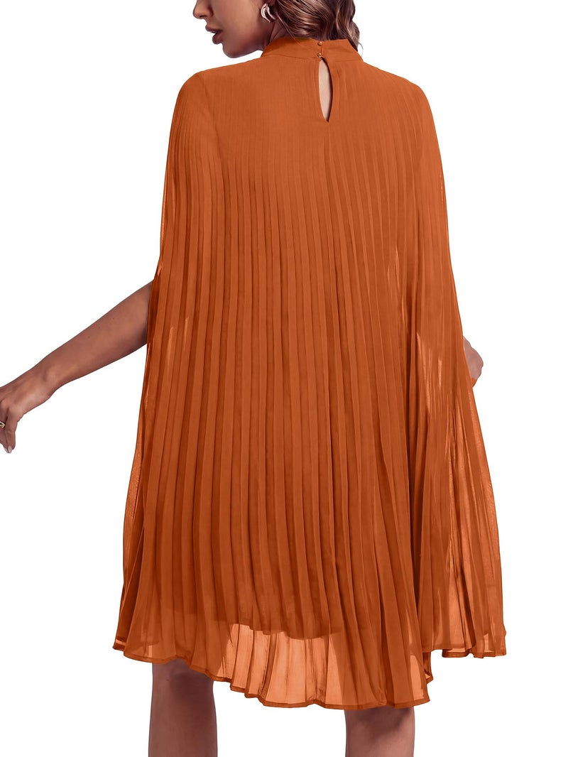 Rooscier Women's Pleated Mock Neck Cloak Sleeve Keyhole Back Flowy Party Midi Dress Plain Dark Orange XX-Large - Image 2