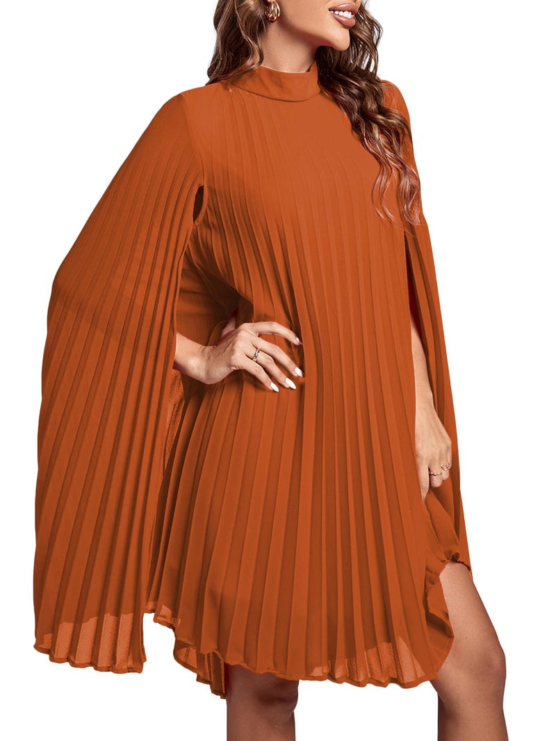 Rooscier Women's Pleated Mock Neck Cloak Sleeve Keyhole Back Flowy Party Midi Dress Plain Dark Orange XX-Large - Image 4