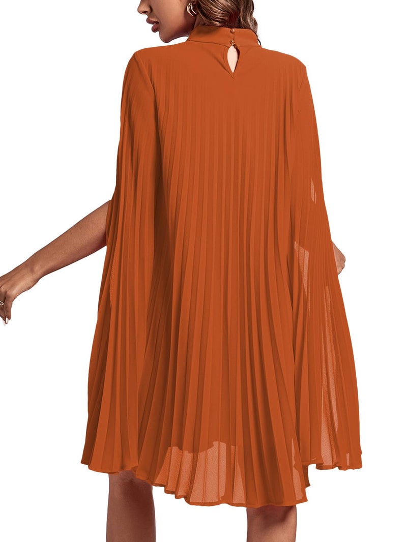 Rooscier Women's Pleated Mock Neck Cloak Sleeve Keyhole Back Flowy Party Midi Dress Plain Dark Orange XX-Large - Image 3