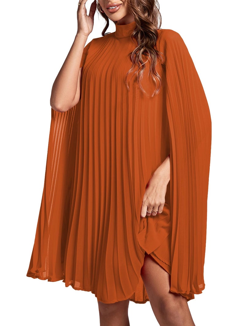 Rooscier Women's Pleated Mock Neck Cloak Sleeve Keyhole Back Flowy Party Midi Dress Plain Dark Orange XX-Large - Image 5