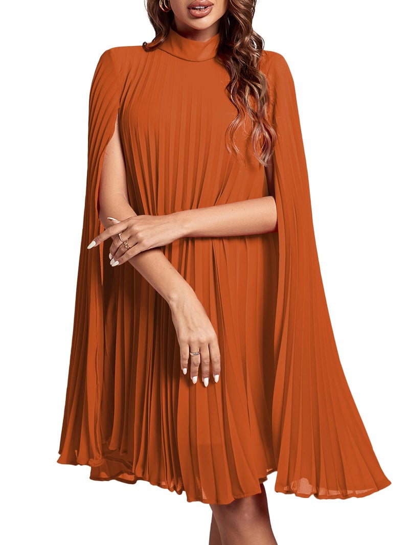 Rooscier Women's Pleated Mock Neck Cloak Sleeve Keyhole Back Flowy Party Midi Dress Plain Dark Orange XX-Large - Image 1