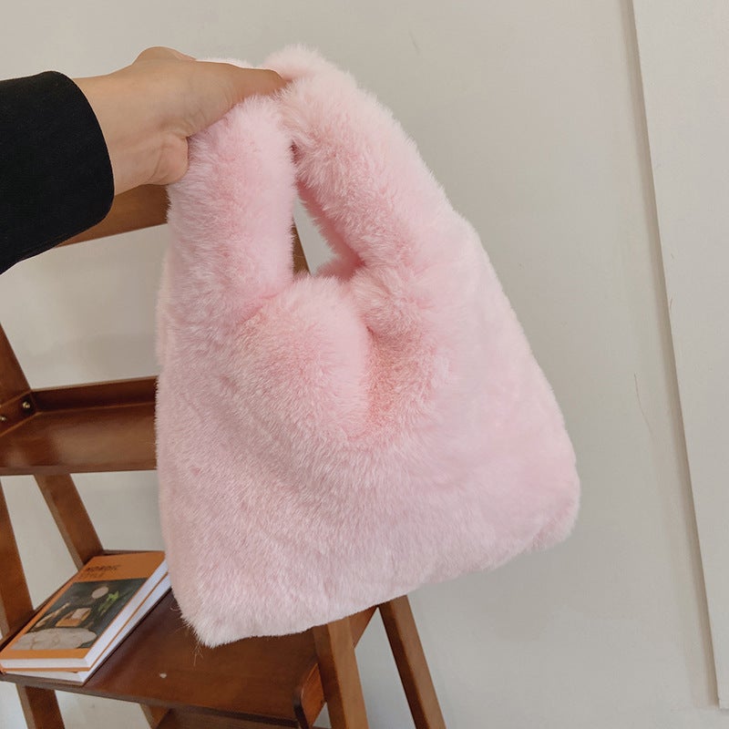 Plush Bag Women'S Bag 2023 New Fashion Simple Hand Bag Girl'S Texture Portable Furry Bag - Image 3