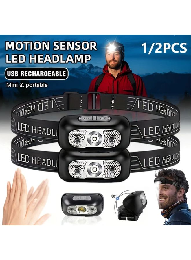 2pcs Mini LED Headlamp Motion Sensor Hands Free USB Rechargeable Headlight - Image 2