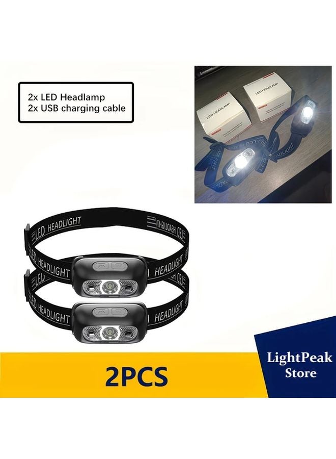 2pcs Mini LED Headlamp Motion Sensor Hands Free USB Rechargeable Headlight - Image 1