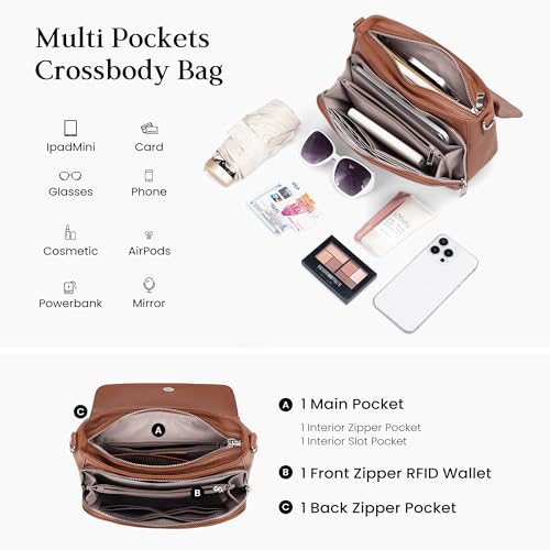 befen Genuine Leather Crossbody Purses for Women Anti Theft Medium Women's Saddle Bags Cross Body Purse with RFID Wallet for Travel Cognac Brown - Image 4