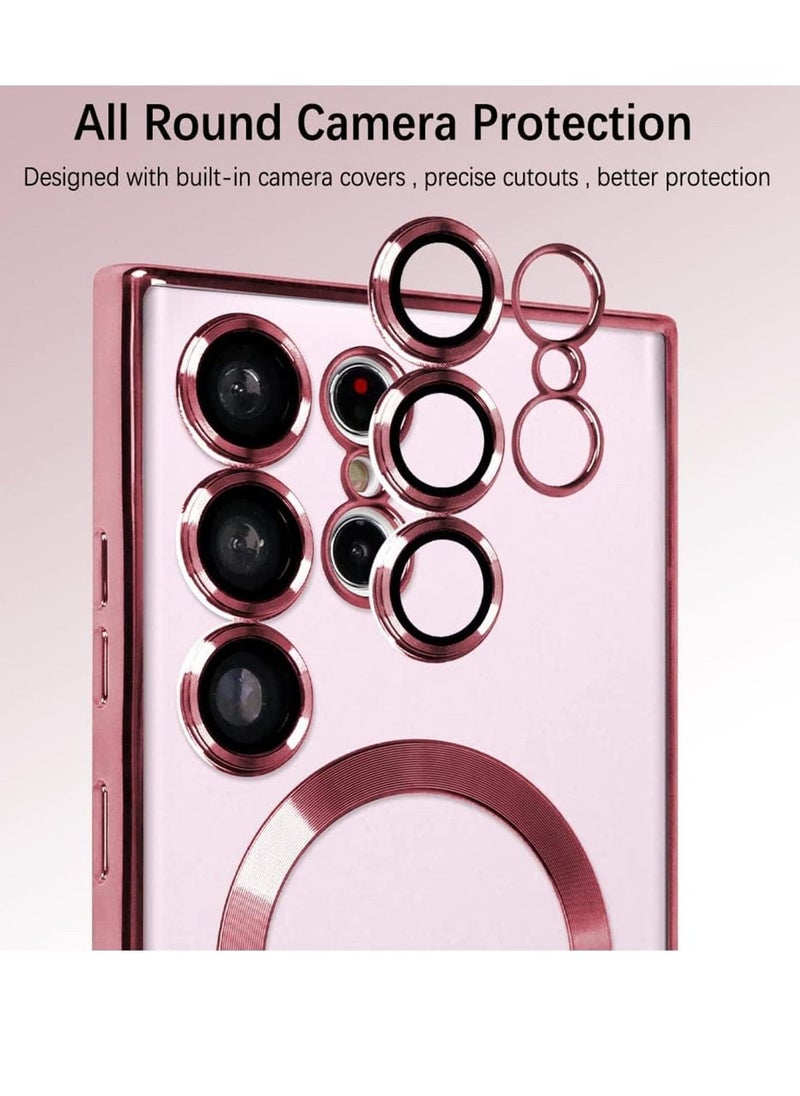 راكسوم حالة مغناطيسية واضحة لـ Samsung Galaxy S23 Ultra 5G مع واقي عدسة الكاميرا ، متوافق مع Magsafe ، غطاء واقعي للهاتف Slim Slim Clistplated للنساء (Pink) - Image 3