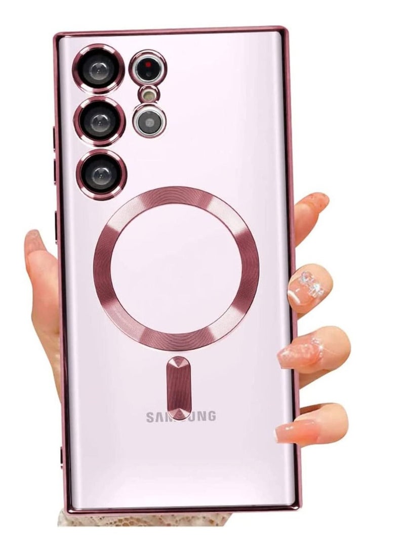 راكسوم حالة مغناطيسية واضحة لـ Samsung Galaxy S23 Ultra 5G مع واقي عدسة الكاميرا ، متوافق مع Magsafe ، غطاء واقعي للهاتف Slim Slim Clistplated للنساء (Pink) - Image 1