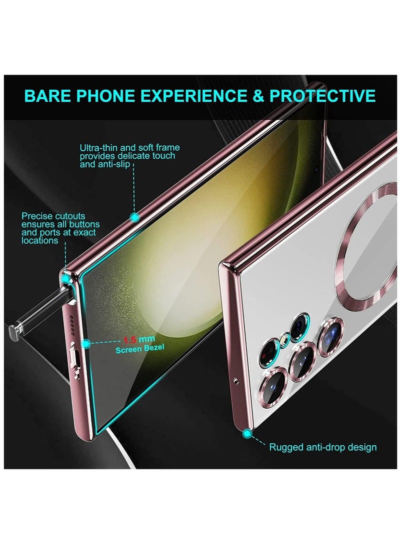 راكسوم حالة مغناطيسية واضحة لـ Samsung Galaxy S23 Ultra 5G مع واقي عدسة الكاميرا ، متوافق مع Magsafe ، غطاء واقعي للهاتف Slim Slim Clistplated للنساء (Pink) - Image 4