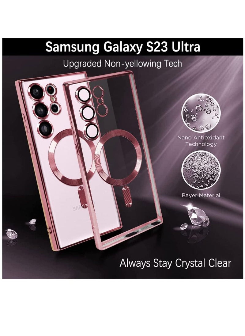 راكسوم حالة مغناطيسية واضحة لـ Samsung Galaxy S23 Ultra 5G مع واقي عدسة الكاميرا ، متوافق مع Magsafe ، غطاء واقعي للهاتف Slim Slim Clistplated للنساء (Pink) - Image 2