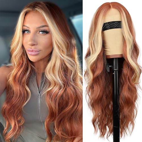 AISI HAIR Ginger Mixed Blonde Wig for Women, Long Wavy Lace Hairline Middle Part Synthetic Wig for Daily Party-26 Inch - Image 1