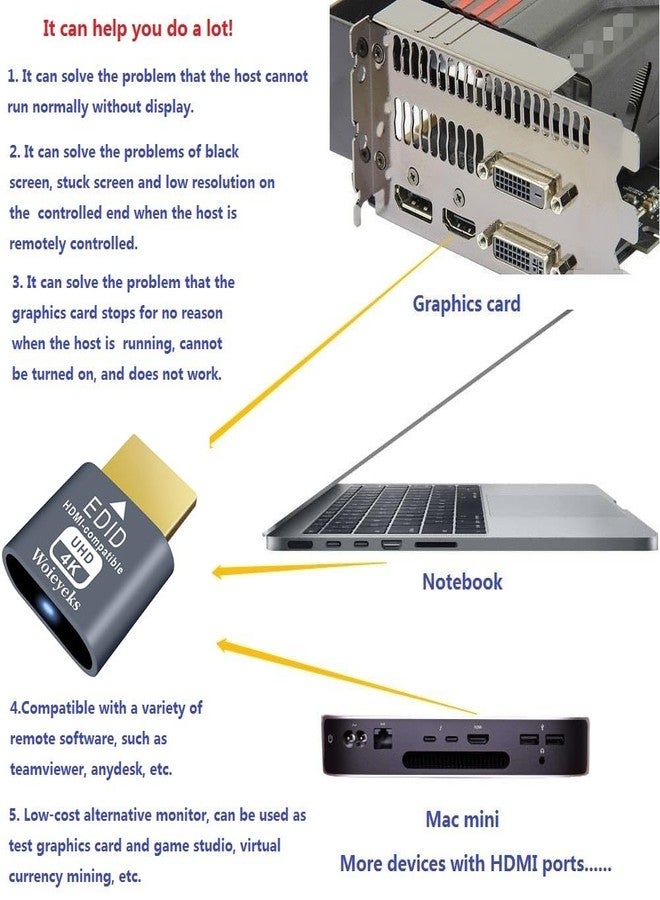 مجموعة Woieyeks من 3 موصلات HDMI وهمية بدقة 4K HDR، محاكي شاشة افتراضية EDID، محول عرض بدون شاشة، يدعم دقة تصل إلى 4K بمعدل 60 هرتز، و1080 بمعدل 120 هرتز - Image 3