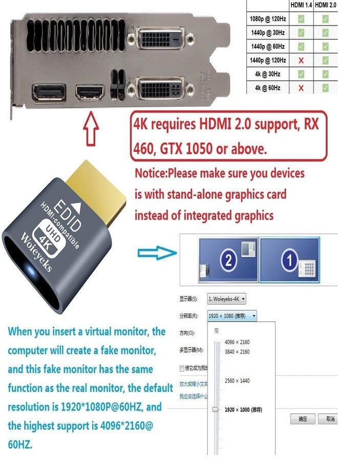 مجموعة Woieyeks من 3 موصلات HDMI وهمية بدقة 4K HDR، محاكي شاشة افتراضية EDID، محول عرض بدون شاشة، يدعم دقة تصل إلى 4K بمعدل 60 هرتز، و1080 بمعدل 120 هرتز - Image 2