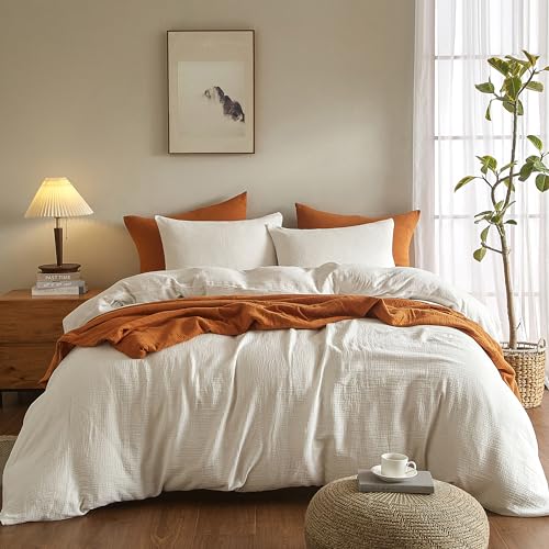 SE SOFTEXLY Muslin Duvet Cover Queen Size, 100% Washed Cotton Duvet Cover Set, Ultra Soft Comforter Cover Linen Like, 3 Pieces Minimalist Gauze Duvet Cover with 2 Pillowcases, 90"x90", White - Image 2