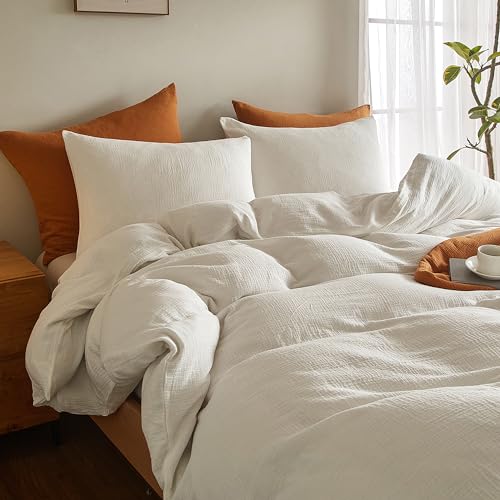 SE SOFTEXLY Muslin Duvet Cover Queen Size, 100% Washed Cotton Duvet Cover Set, Ultra Soft Comforter Cover Linen Like, 3 Pieces Minimalist Gauze Duvet Cover with 2 Pillowcases, 90"x90", White - Image 4