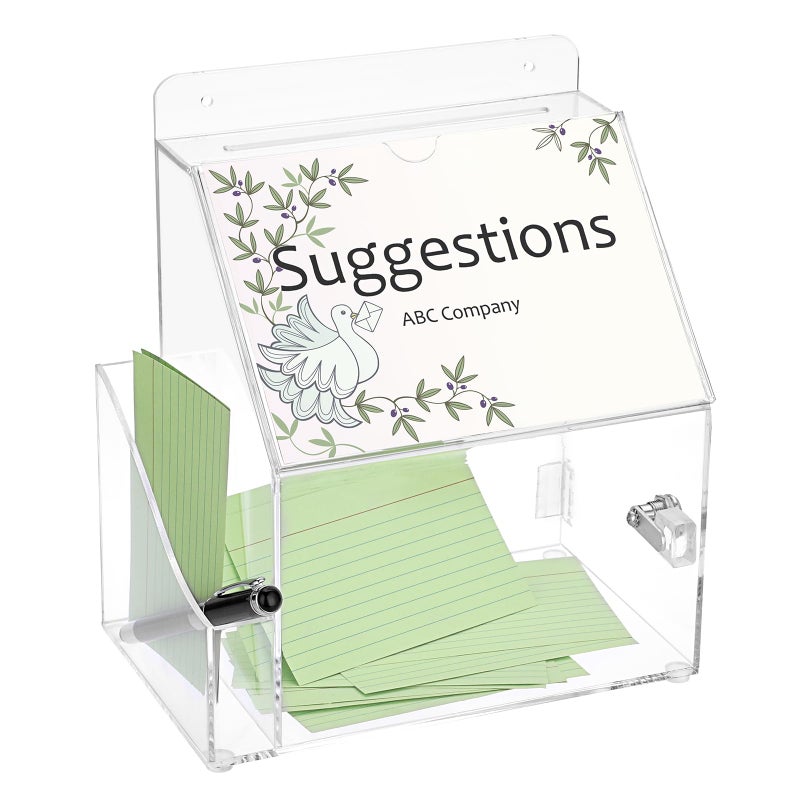 BTSKY Acrylic Suggestion Box With Lock Wall Mounted Acrylic Donation Box with 5"x7" Sign Slot, Office Ballot Boxes with Side-Pocket Collection Boxes for Voting Locking Suggestion Mailbox ,Clear - Image 1
