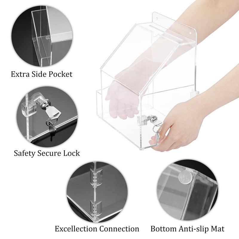 BTSKY Acrylic Suggestion Box With Lock Wall Mounted Acrylic Donation Box with 5"x7" Sign Slot, Office Ballot Boxes with Side-Pocket Collection Boxes for Voting Locking Suggestion Mailbox ,Clear - Image 5