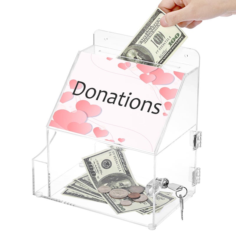 BTSKY Acrylic Suggestion Box With Lock Wall Mounted Acrylic Donation Box with 5"x7" Sign Slot, Office Ballot Boxes with Side-Pocket Collection Boxes for Voting Locking Suggestion Mailbox ,Clear - Image 2