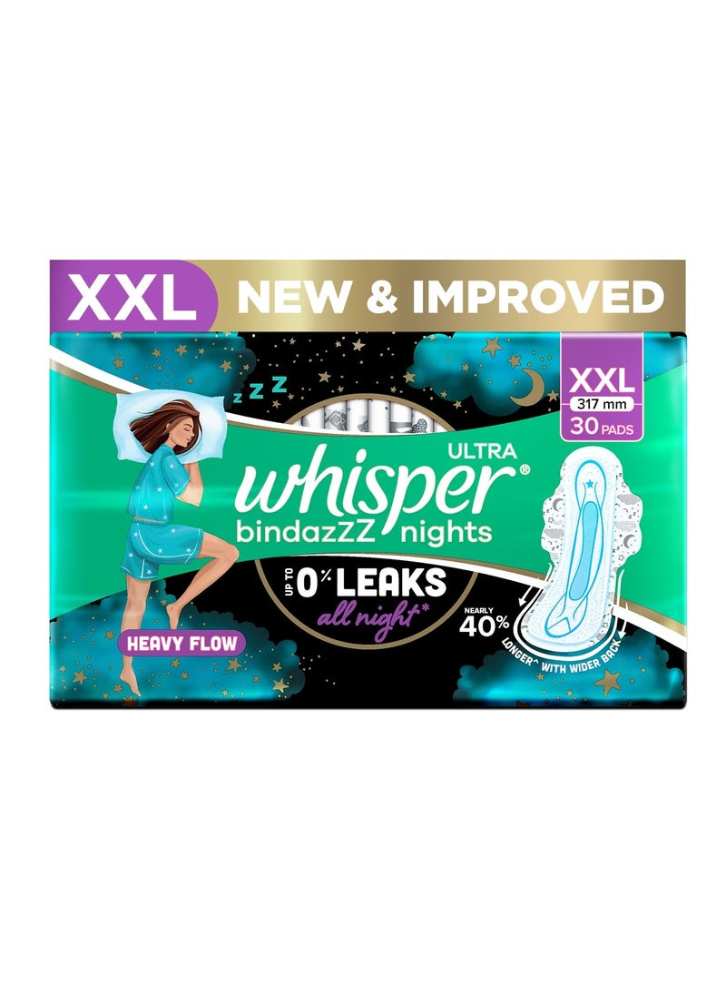 Whisper Whisper Bindazz Nights sanitary PADS, 30 XL+ PADS, UPTO 0% LEAKS ALL NIGHT LONG, FOR HEAVY FLOW, 40% LONGER & WIDER BACK, COMFORTABLE CUSHIONY SOFT WINGS, DISPOSABLE WRAPPER  - Image 1