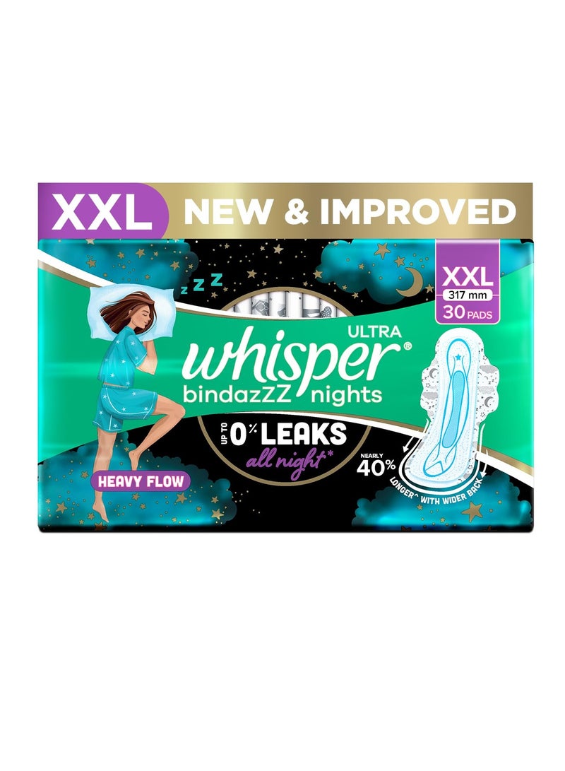 وسبير فوط صحية Whisper Bindazz Nights، 30 قطعة مقاس XL+، تسرب حتى 0% طوال الليل، من أجل تدفق كثيف، ظهر أطول وأعرض بنسبة 40%، أجنحة ناعمة ومريحة، غلاف يمكن التخلص منه - Image 1