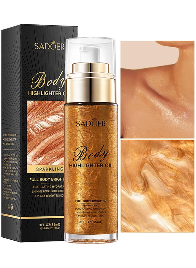 SADOER Body Highlighter Oil, Shimmer Body Oil Bronze Gold Bronze Face Brighten Glow Pearl Highlighter Illuminator Body Makeup Shine Glitter Gold Liquid Taning (Bronze, 85ML) - Image 1