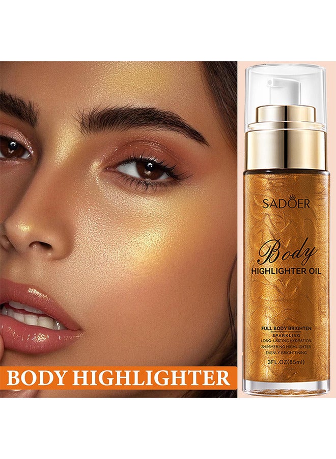 SADOER Body Highlighter Oil, Shimmer Body Oil Bronze Gold Bronze Face Brighten Glow Pearl Highlighter Illuminator Body Makeup Shine Glitter Gold Liquid Taning (Bronze, 85ML) - Image 2