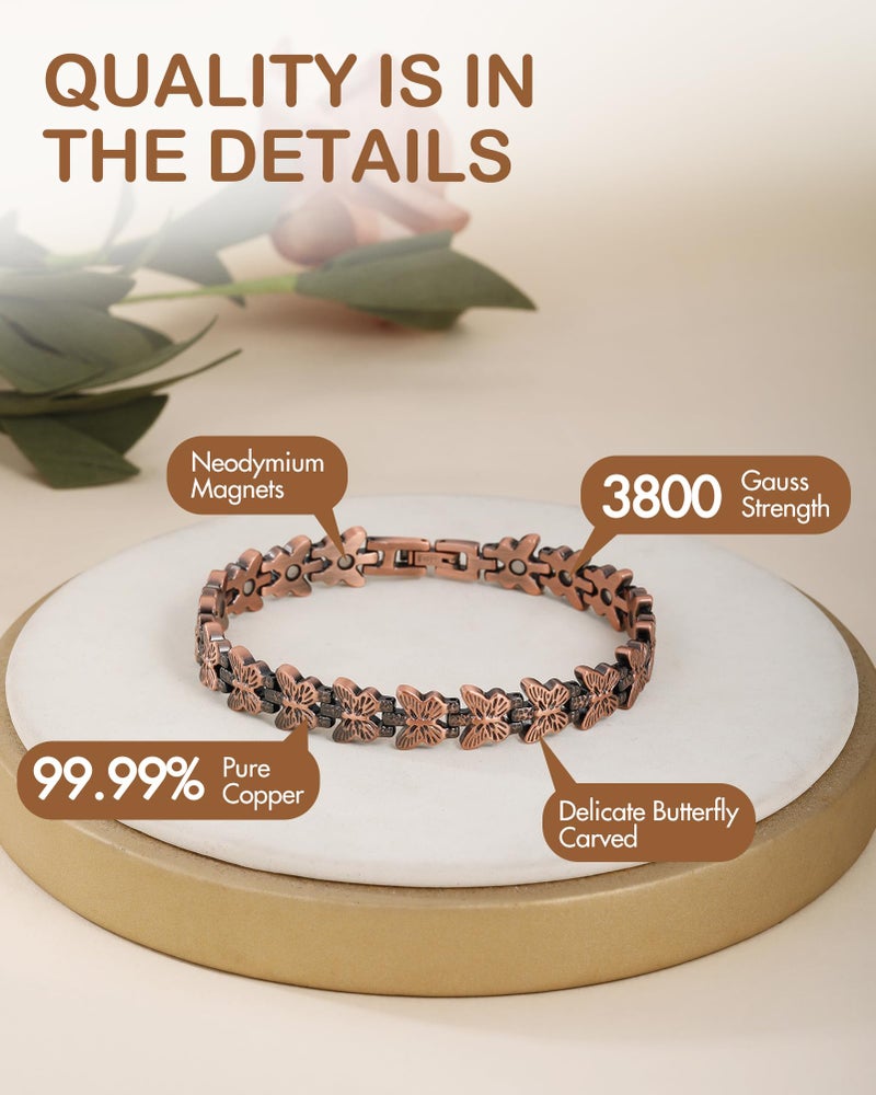 Feraco Pure Copper Bracelets for Women, Ultra Strength Magnetic Copper Bracelet with 3800 Gauss Magnet, Adjustable Jewelry Gift with Butterfly-Engraved - Image 3