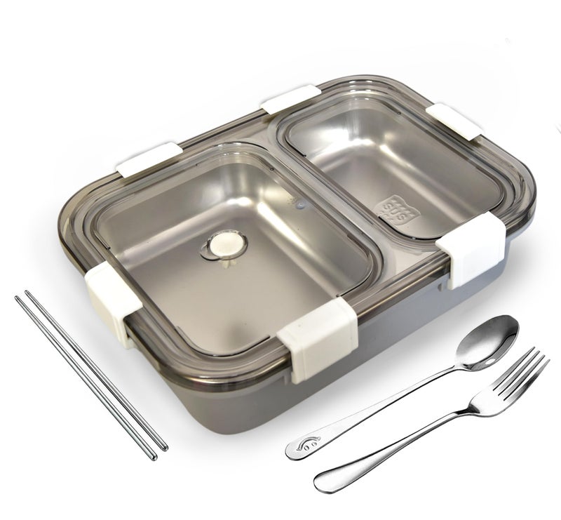 Brand Conquer Lunch Box Leak-Proof BPA Free Stainless Steel for School, Lunch Box for School & Office with a Fork, a Spoon and a Pair of Chopsticks (Grey, 2 Compartment) - Image 1
