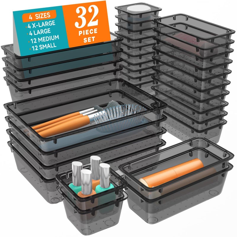 WOWBOX 32 PCS Clear Plastic Drawer Organizer Set, 4 Sizes Desk Drawer Organization and Storage Containers for Makeup, Cosmetics, Jewelry and Gadgets in Kitchen, Bathroom, Bedroom, Office, Clear Black - Image 1