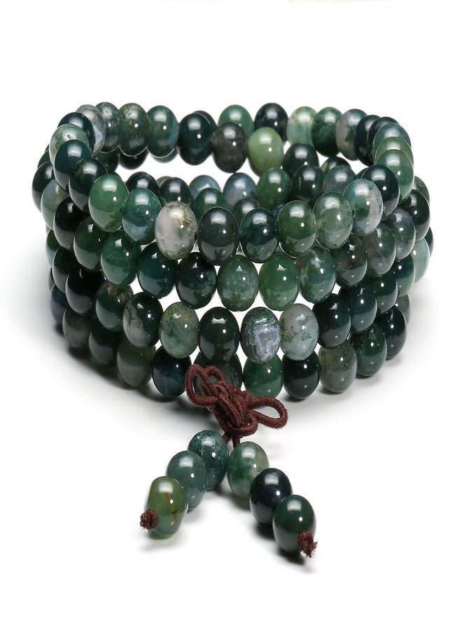Jovivi 108 Mala Beads Bracelet 8mm Natural Green Moss Agate Gemstone Healing Crystal Stone Beaded Bracelet Hand Knotted Prayer Mala Beads Necklace for Yoga Meditation Balance - Image 1