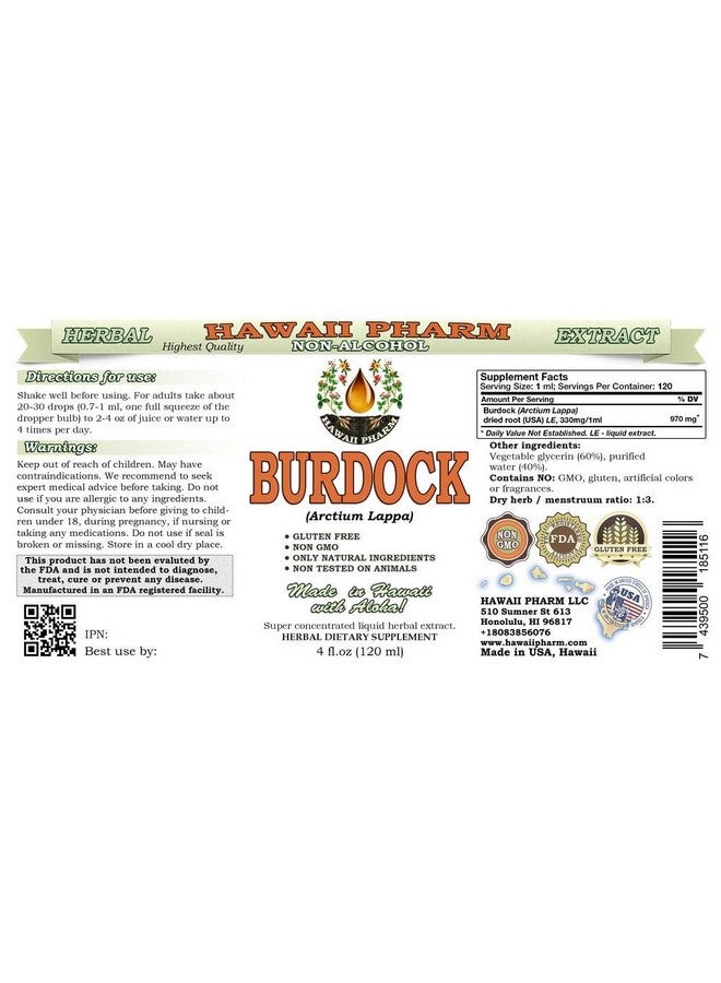 Hawaii Pharm Burdock Alcohol-Free Liquid Extract, Organic Burdock (Arctium Lappa) Dried Root Glycerite Hawaii Pharm Natural Herbal Supplement 4 oz - Image 2