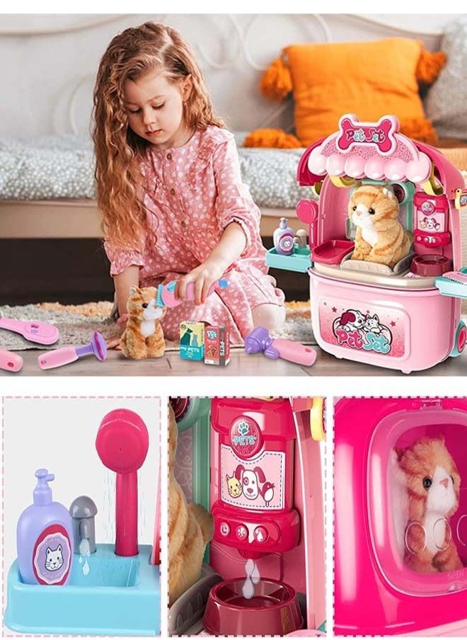BAYBEE 2 In 1 Trolley Cat Pet Care Doctor Set For Kids With Backpack Cat Care Doctor Playset Pretend Play Toys Pretend Role Play Toys Medical Doctor Play Set Toy For Kids 2+ Years Boys Girls Pink  - Image 3