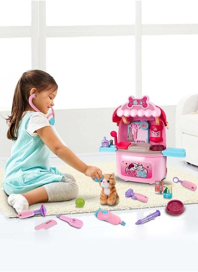 BAYBEE 2 In 1 Trolley Cat Pet Care Doctor Set For Kids With Backpack Cat Care Doctor Playset Pretend Play Toys Pretend Role Play Toys Medical Doctor Play Set Toy For Kids 2+ Years Boys Girls Pink  - Image 2